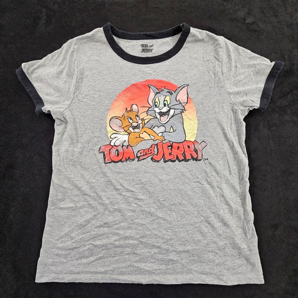 Tom & Jerry Gray Short Sleeve Cotton Blend Ringer T-Shirt Kids XL